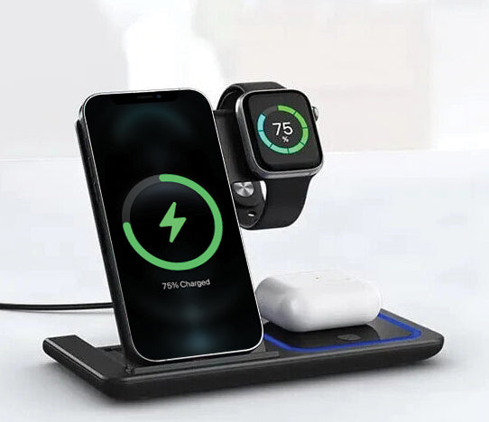 Encuentra la mejor estación de carga inalámbrica plegable 3 en 1 de PowerPeak en Guatemala, ideal para mayoristas y talleres de reparaciones.