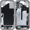 Chasis blanco de iPhone 16 Plus con puerto de carga flex y pequeñas piezas, ideal para reparación.