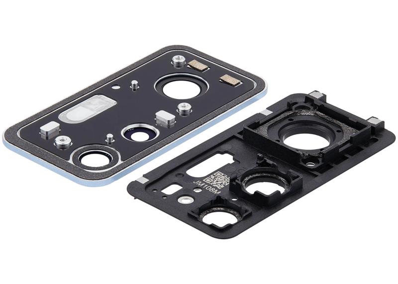 Compra en Guatemala el set de lente de cámara trasera con soporte y moldura para Xiaomi 12T en color azul.