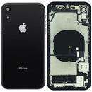 Tapa trasera negra OEM para iPhone XR (A1984, A2105) con puerto de carga y componentes preinstalados.