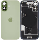 Tapa trasera de repuesto para iPhone 17 Sage, vidrio verde con orificio de cámara y logo Apple.