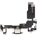 Puerto de carga con cable flex usado para iPhone 15 negro (A2846, A3089, A3090), repuesto para reparación.