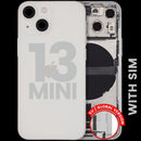 Tapa trasera Starlight usada para iPhone 13 Mini (A2481) con puerto de carga y piezas pequeñas.