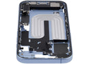 Chasis iPhone 17 Mist Blue A3280 usado, marco medio con puerto de carga y piezas pequeñas para reparación.