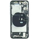 Tapa trasera Space Gray usada para iPhone XS (A1920, A2097) con puerto de carga y componentes preinstalados.