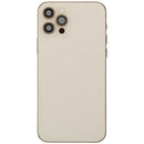 Tapa trasera dorada usada para iPhone 12 Pro (A2407) con puerto de carga y pequeñas piezas.