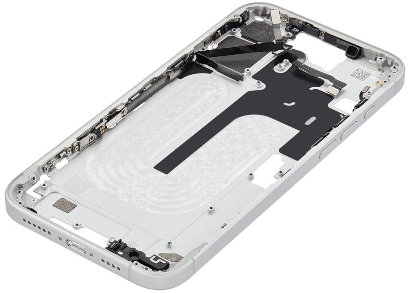 Marco medio con botones de encendido y volumen para iPhone 16 Plus en Guatemala, OEM usado de Grado A, blanco.