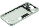 Chasis medio verde usado de iPhone 15 A2846 con pequeñas partes internas para reparación.
