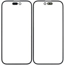 Dos cristales frontales para iPhone 15, con polarizador y OCA preinstalados, listos para reparación de pantalla rota.