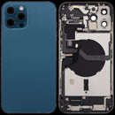 Tapa trasera azul pacífico usada para iPhone 12 Pro Max (A2342), con puerto de carga y piezas pequeñas para reparación.