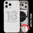 Tapa trasera plateada OEM para iPhone 13 Pro Max con puerto de carga flex y pequeñas partes.