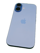 iPhone 17 seminuevo azul, 256GB, libre, como nuevo, pantalla encendida mostrando la interfaz de iOS.