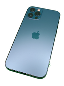 iPhone 12 Pro azul seminuevo, 128GB, con pantalla OLED y triple cámara, certificado, salud de batería 100%.