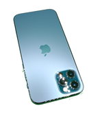 iPhone 12 Pro azul seminuevo, 128GB, con pantalla OLED y triple cámara, certificado, salud de batería 100%.
