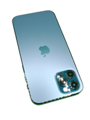 iPhone 12 Pro azul seminuevo, 128GB, con pantalla encendida mostrando la interfaz de iOS.