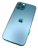 iPhone 12 Pro azul seminuevo, 128GB, libre, grado 1, con SIM física y batería al 81%.