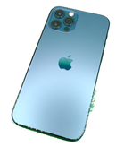 iPhone 12 Pro azul seminuevo, 128GB, libre de fábrica, con triple cámara y detalles metálicos.