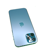 iPhone 12 Pro azul seminuevo, 128GB, libre de fábrica, con triple cámara y detalles metálicos.