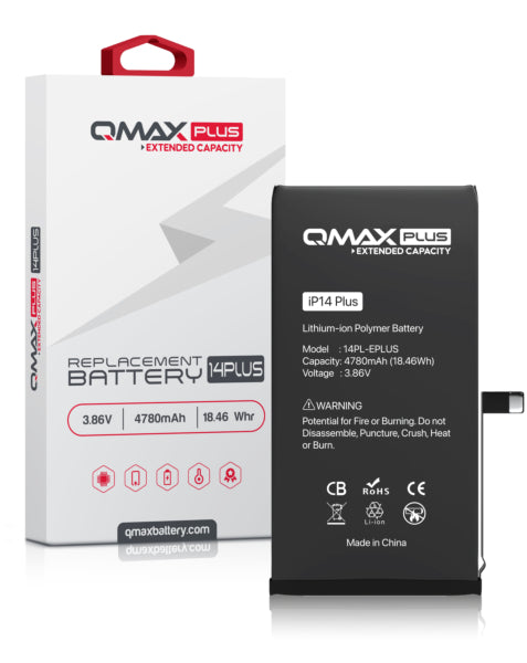 Encuentra en Guatemala la batería QMAX Plus de capacidad extendida de 4780 mAH para iPhone 14 Plus en mayoristas de reparaciones de celulares.