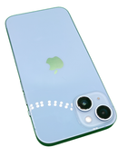 iPhone 14 seminuevo azul, libre de fábrica, 128GB, con batería al 84%, certificado y listo para eSIM.