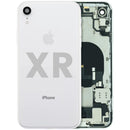 Tapa trasera blanca usada para iPhone XR (A1984, A2105) con puerto de carga y componentes preinstalados.