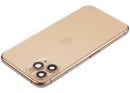 Tapa trasera refurbished oro mate para iPhone 11 Pro (A2160, A2215, A2217) con puerto de carga y piezas pequeñas.