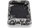 Tapa trasera plateada usada para iPhone 17 Pro A3256 con puerto de carga flex y piezas pequeñas, lista para reparación.