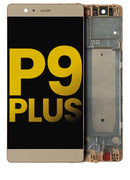 Pantalla LCD refurbished dorada para Huawei P9 Plus con marco, ideal para reparación de display roto.