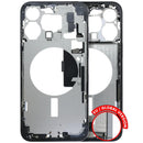 Marco medio de iPhone 15 Pro Max Blue Titanium usado, con puerto de carga y piezas pequeñas, para reparación.