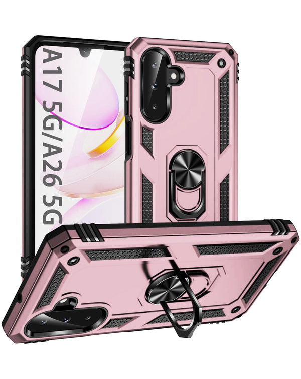 Funda híbrida de doble capa con anillo de metal en color Rose Gold para Galaxy A17 en Guatemala.