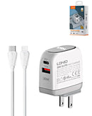 Encuentra el cargador de pared LDNIO A2522C QC3.0+PD Dual USB A con cable USB C-L en Guatemala para una carga rápida y eficiente.