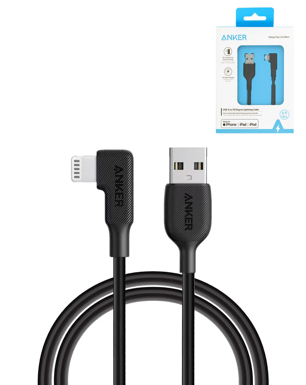 Venta al por mayor en Guatemala de puerto de carga Anker Right Angle USB A-L de 6 pies en color negro.