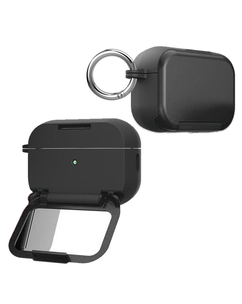 Encuentra en Guatemala el estuche creativo con soporte para espejo de maquillaje para Airpods 4th Gen en color negro de SlowBack.