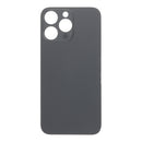Tapa trasera negra OEM para iPhone 14 Pro Max con orificio grande, sin logo, incluye adhesivo para fácil instalación.