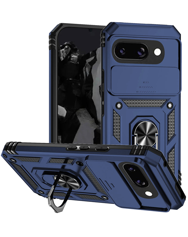 Encuentra la mejor funda híbrida para tu Google Pixel 9A en Guatemala, con doble capa, anillo de metal y protector de cámara en color azul.