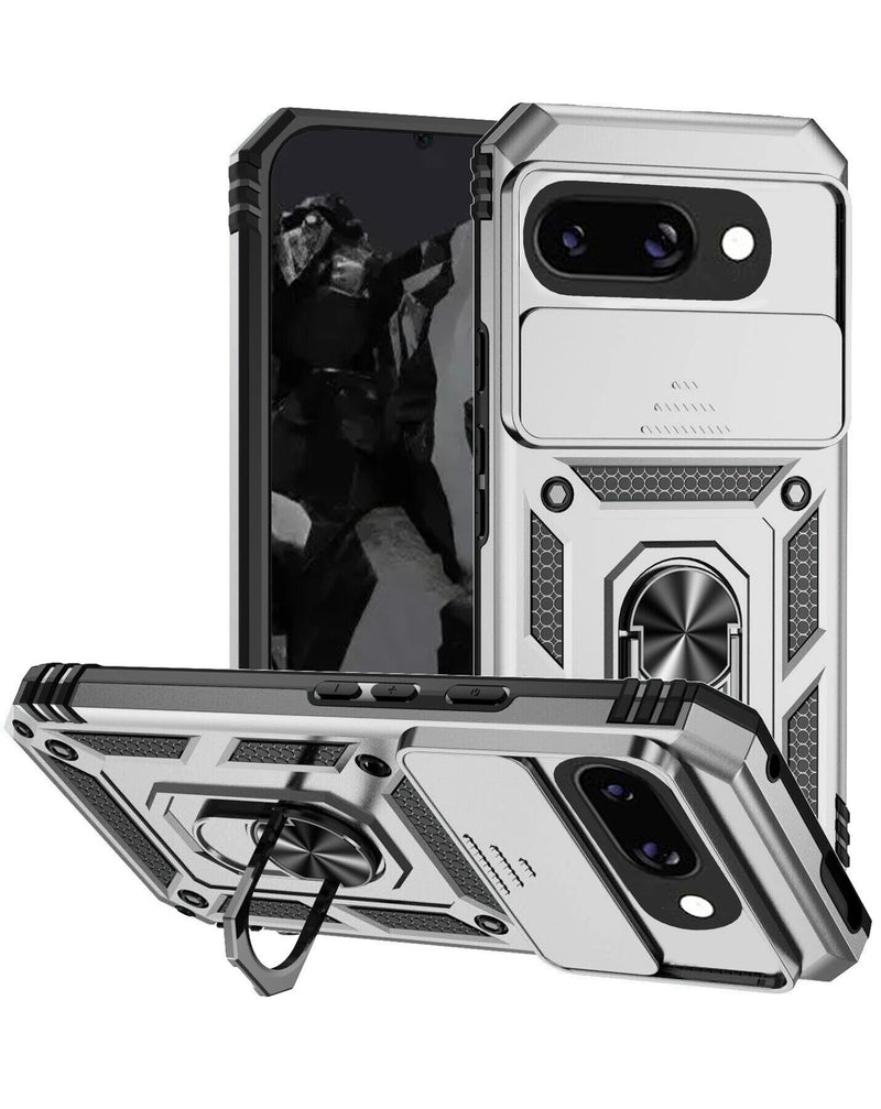 Funda híbrida plateada con anillo metálico y protector de cámara para Google Pixel 9A en Guatemala, encuentra las mejores opciones en reparaciones y accesorios en línea.