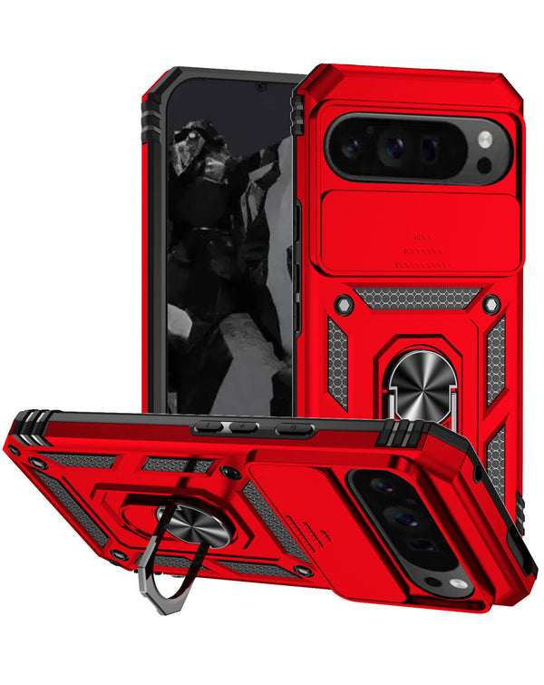 Encuentra la mejor funda dual layers hybrid para Google Pixel 9 Pro XL en Guatemala, con anillo metálico y protector de cámara en color rojo.