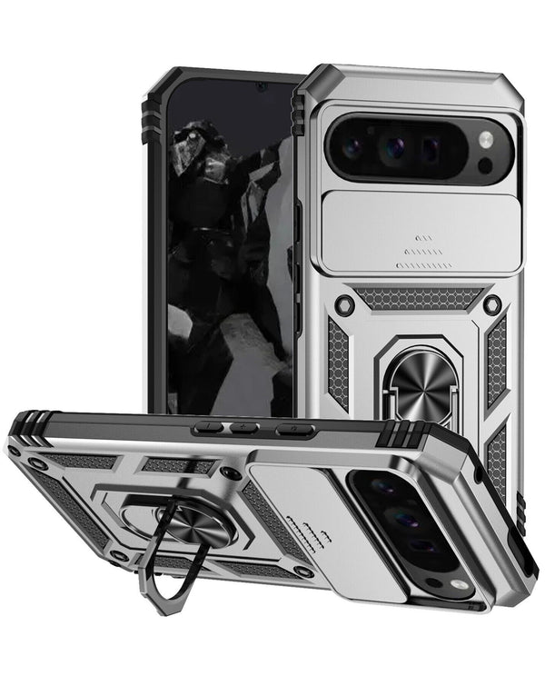 Encuentra el mejor Case dual layers hybrid para Google Pixel 9 Pro XL con anillo de metal y protector de cámara Plateado en Guatemala.