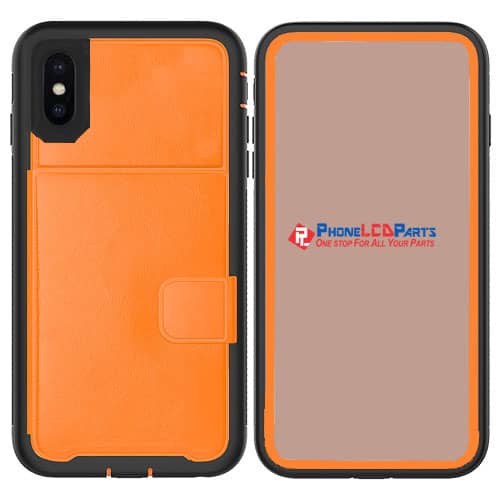 Protege tu iPhone XR con estilo con esta funda de cuero wallet en color naranja, disponible en Guatemala.