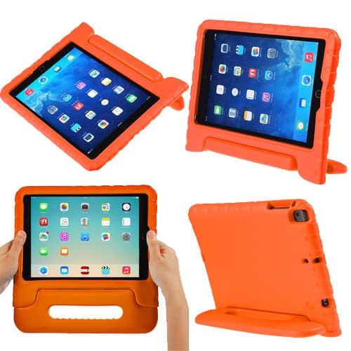 Protege tu iPad 5, iPad 6, Air 1, Air 2 o Pro 9.7 con esta funda naranja antigolpes con soporte, ideal para niños en Guatemala.