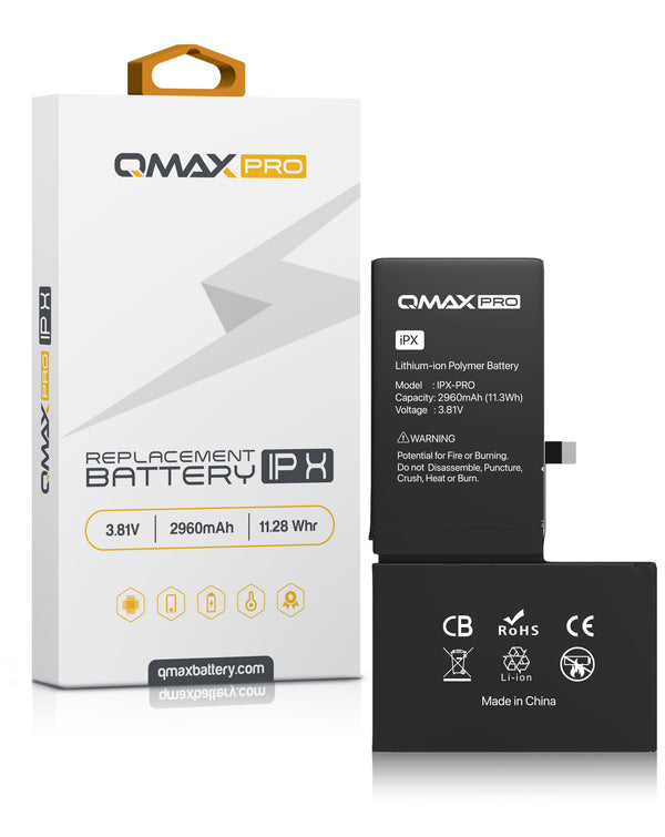 Encuentra la batería QMAX Pro de 2960 mAH para iPhone X en Guatemala, ideal para reparaciones en talleres especializados.
