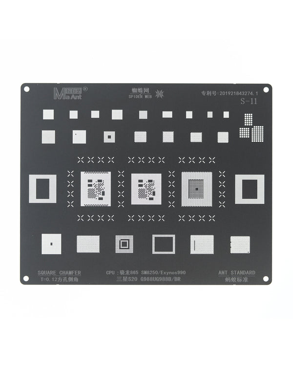 Plantilla de reballing BGA para Galaxy S20 disponible en mayorista de reparaciones en Guatemala.