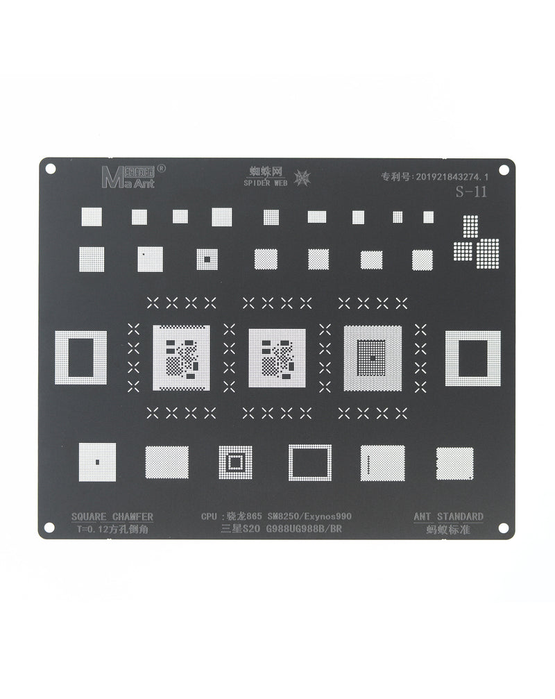 Plantilla de reballing BGA para Galaxy S20 disponible en mayorista de reparaciones en Guatemala.