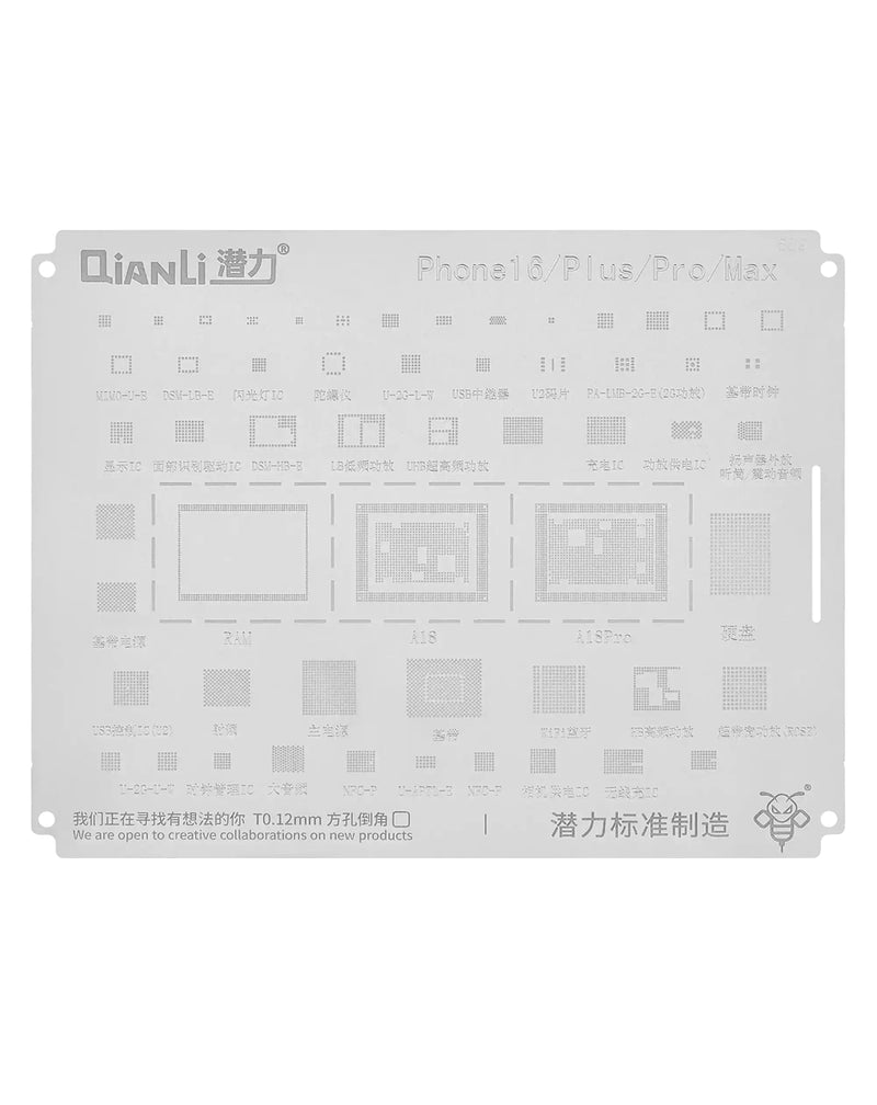 Stencil QianLi Bumblebee QS689 para reparaciones de iPhone 16 en Guatemala, disponible en tiendas de electrónica y talleres especializados.