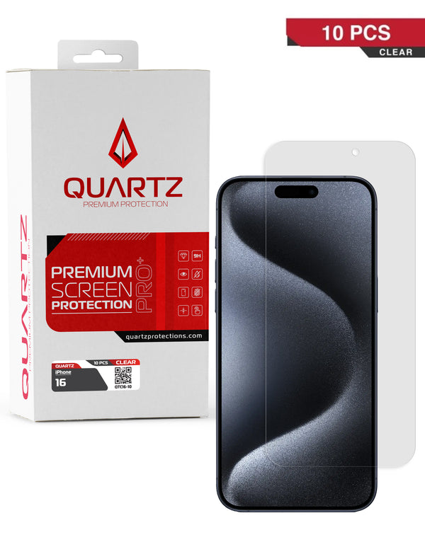 Vidrio templado claro QUARTZ para iPhone 16 en pack de 10, ideal para proteger la pantalla de tu dispositivo en Guatemala.