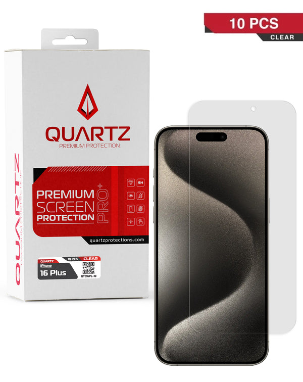 Protector de pantalla de vidrio templado claro QUARTZ para iPhone 16 Plus, pack de 10 unidades en Guatemala.