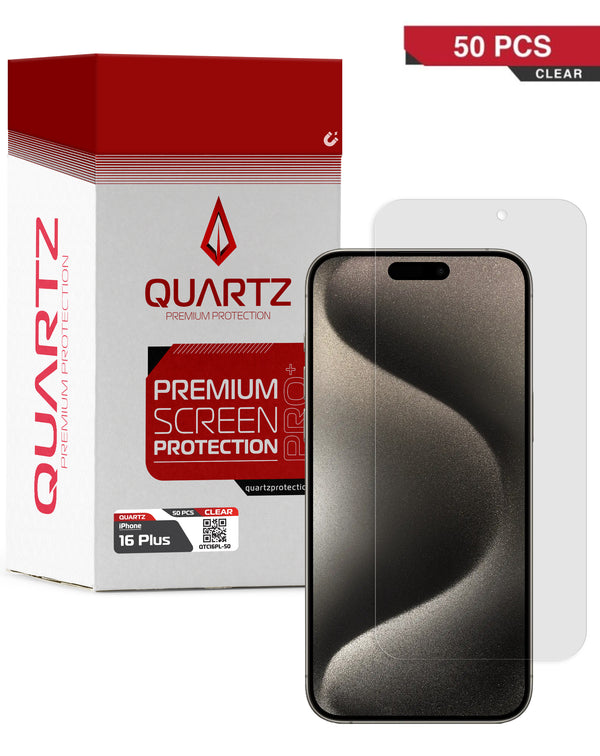 Vidrios templados quartz claro para iPhone 16 Plus, pack de 50 unidades, mayorista en Guatemala.