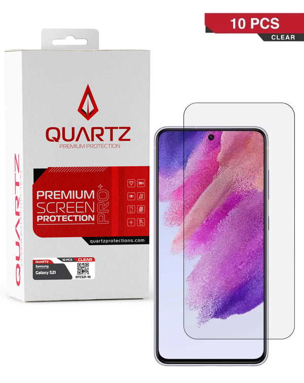 Protector de pantalla de vidrio templado transparente QUARTZ en pack de 10 unidades, ideal para Samsung, disponible en Guatemala.