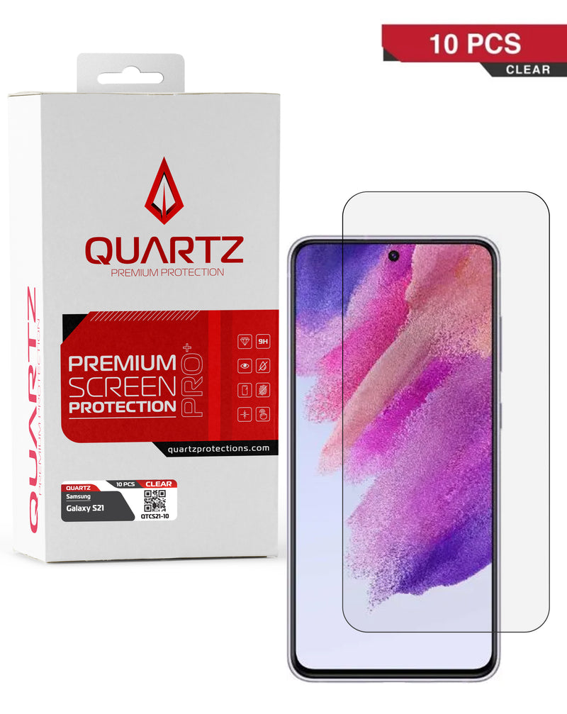 Protector de pantalla de vidrio templado transparente QUARTZ en pack de 10 unidades, ideal para Samsung, disponible en Guatemala.