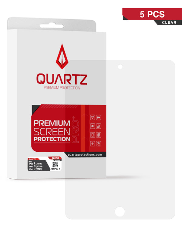 Encuentra vidrio templado claro QUARTZ para iPad 7, iPad 8, iPad 9 en Guatemala, paquete de 5 unidades, ideal para mayoristas y reparaciones de dispositivos.